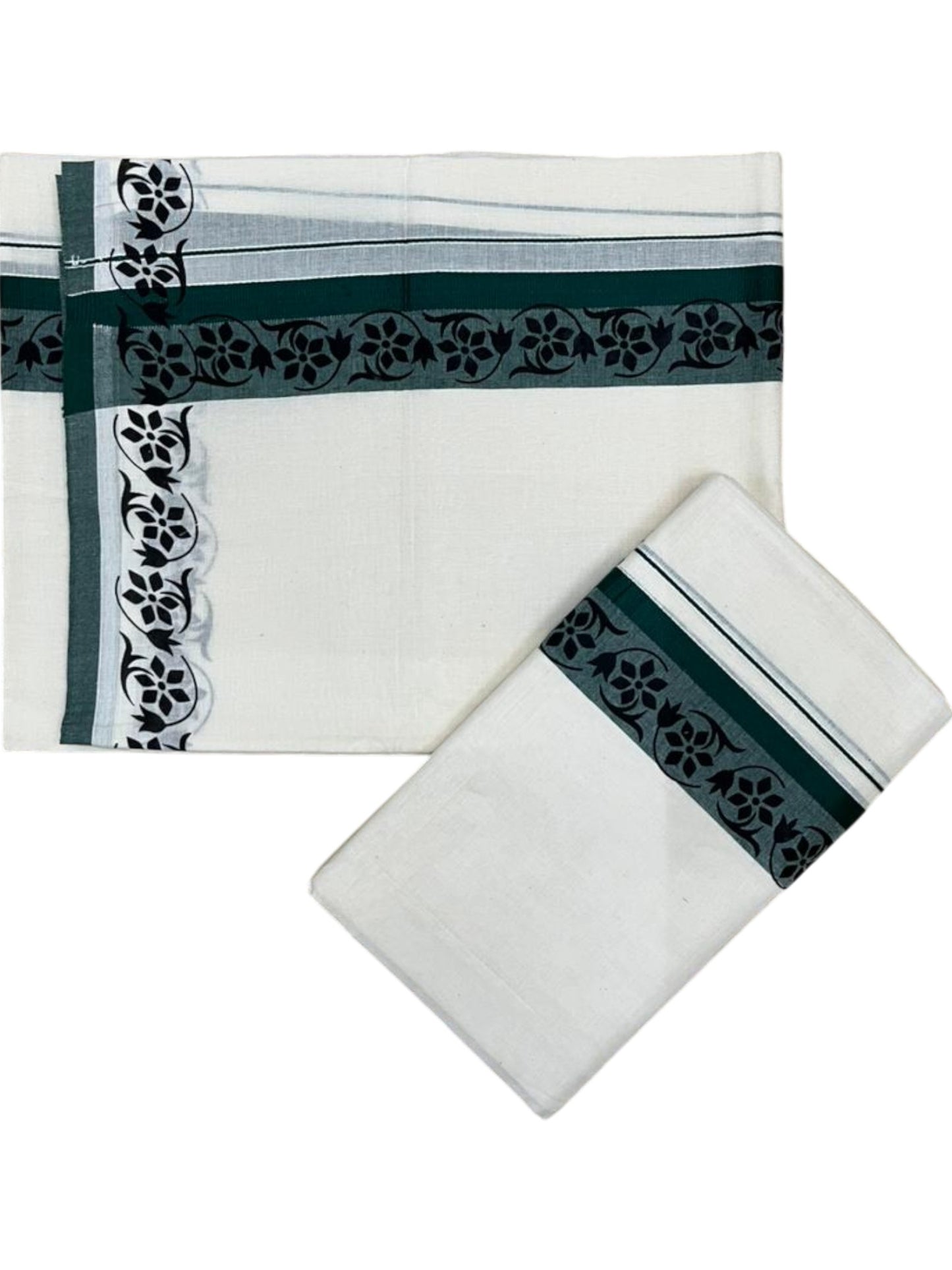 Southloom Kerala Mulloth Cotton Single Mundum Neriyathum with Digital Prints in Green 2.80 Mtrs SL378