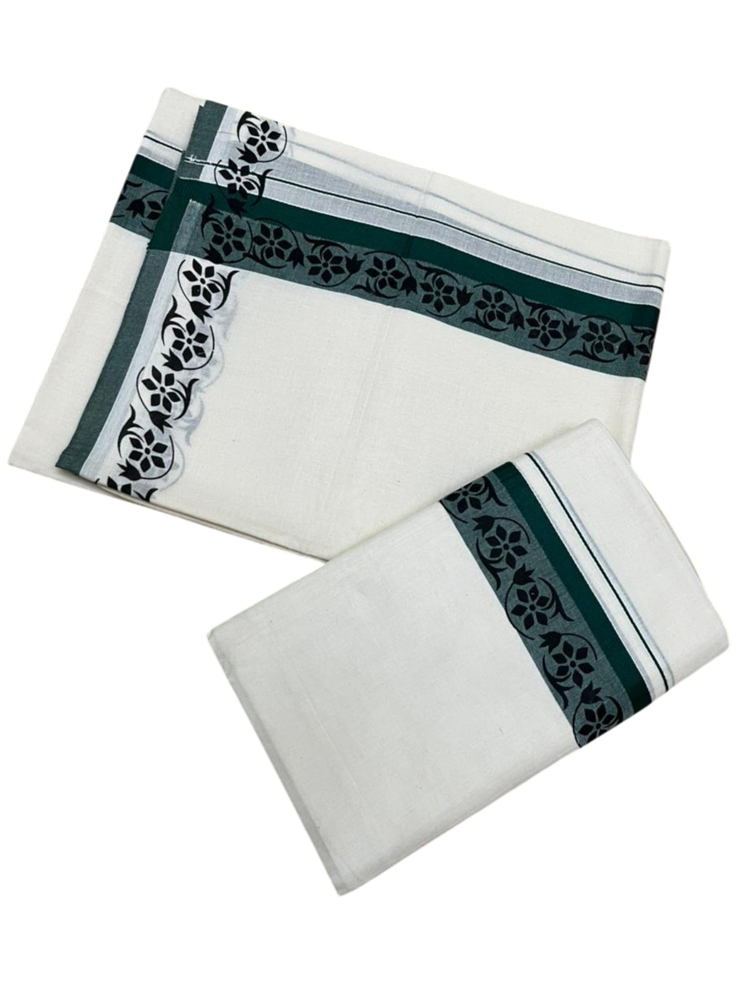Southloom Kerala Mulloth Cotton Single Mundum Neriyathum with Digital Prints in Green 2.80 Mtrs SL378