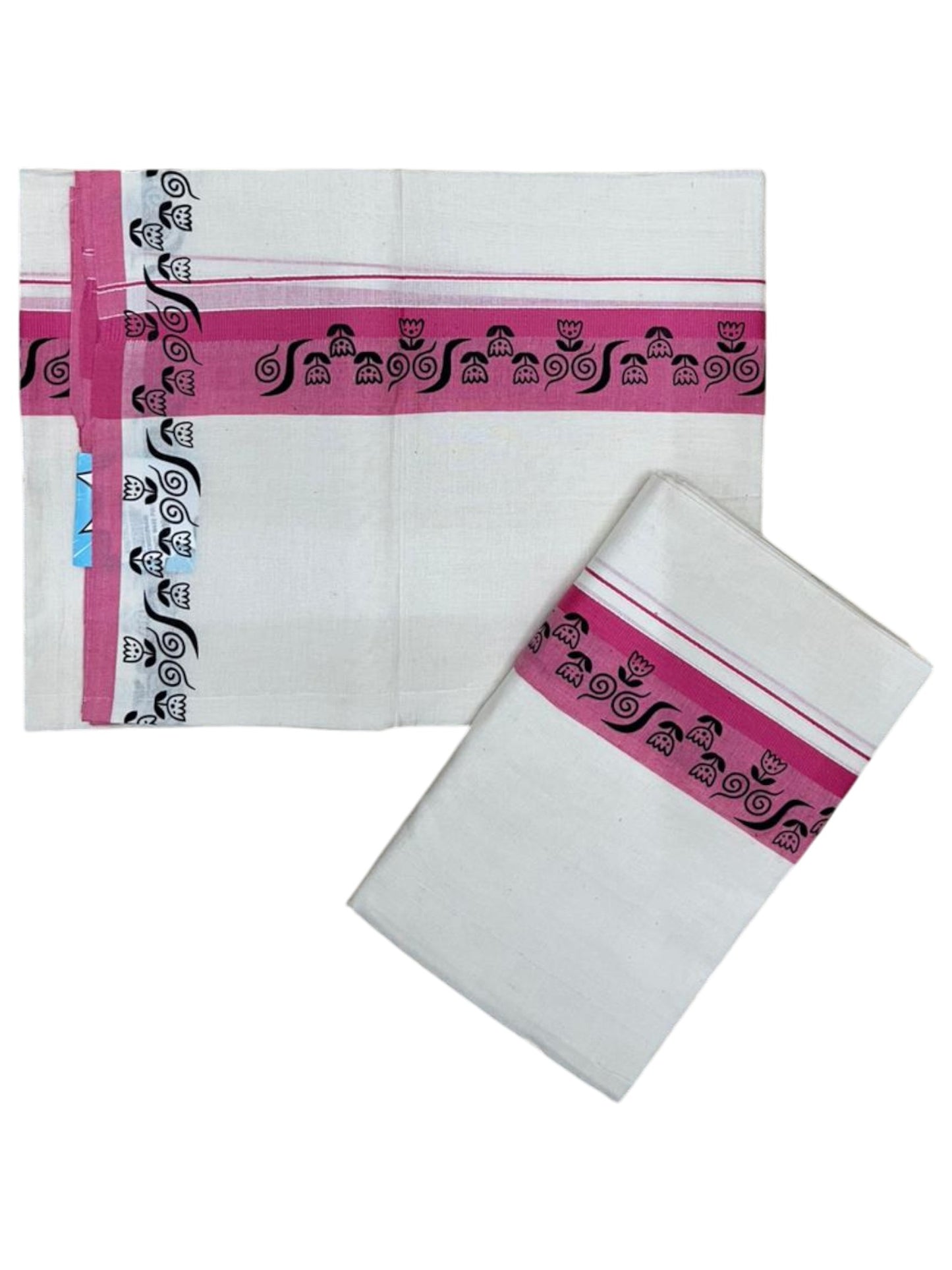 Southloom Kerala Mulloth Cotton Single Mundum Neriyathum with Digital Prints in Pink 2.80 Mtrs SL378