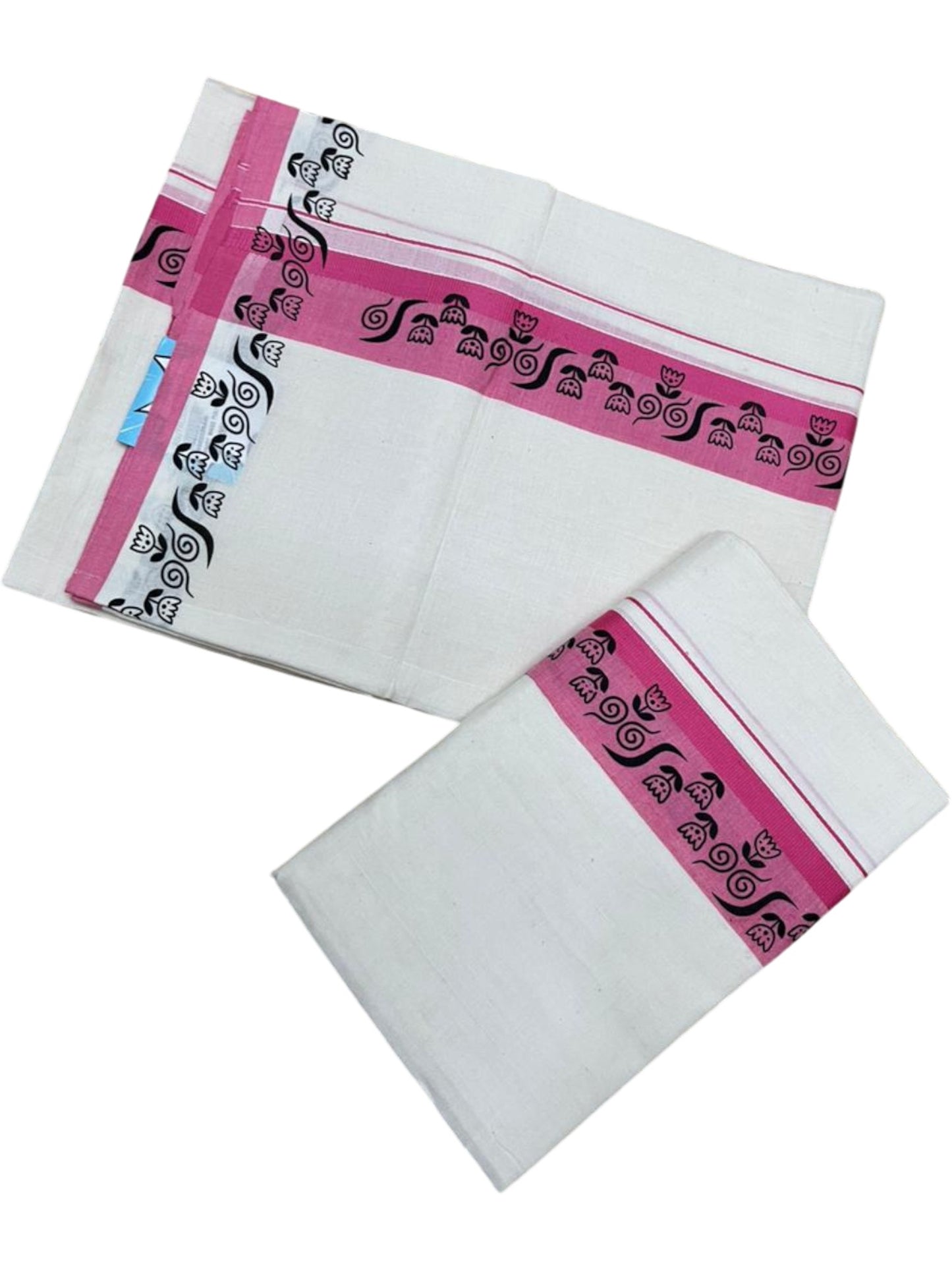 Southloom Kerala Mulloth Cotton Single Mundum Neriyathum with Digital Prints in Pink 2.80 Mtrs SL378
