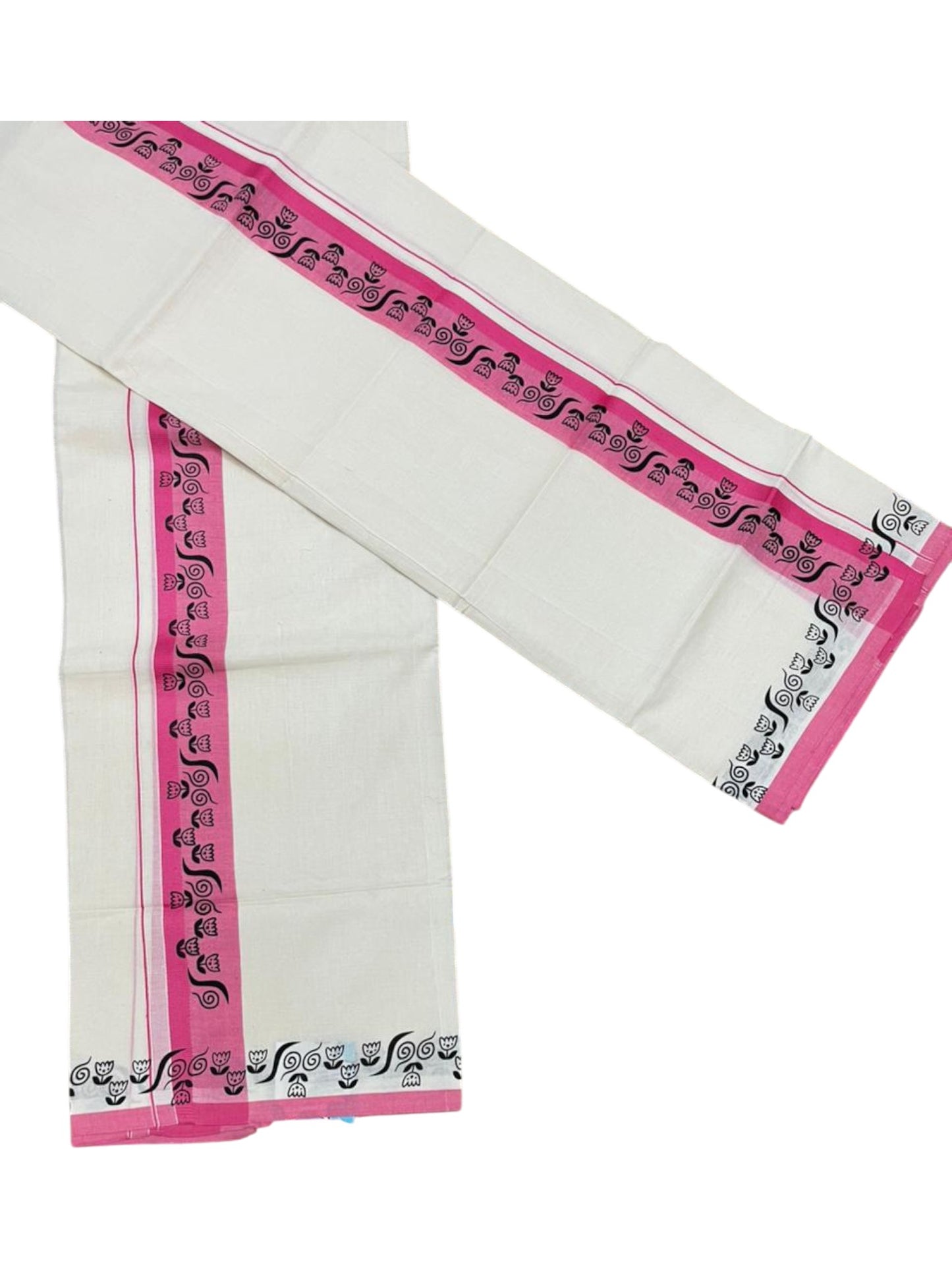 Southloom Kerala Mulloth Cotton Single Mundum Neriyathum with Digital Prints in Pink 2.80 Mtrs SL378