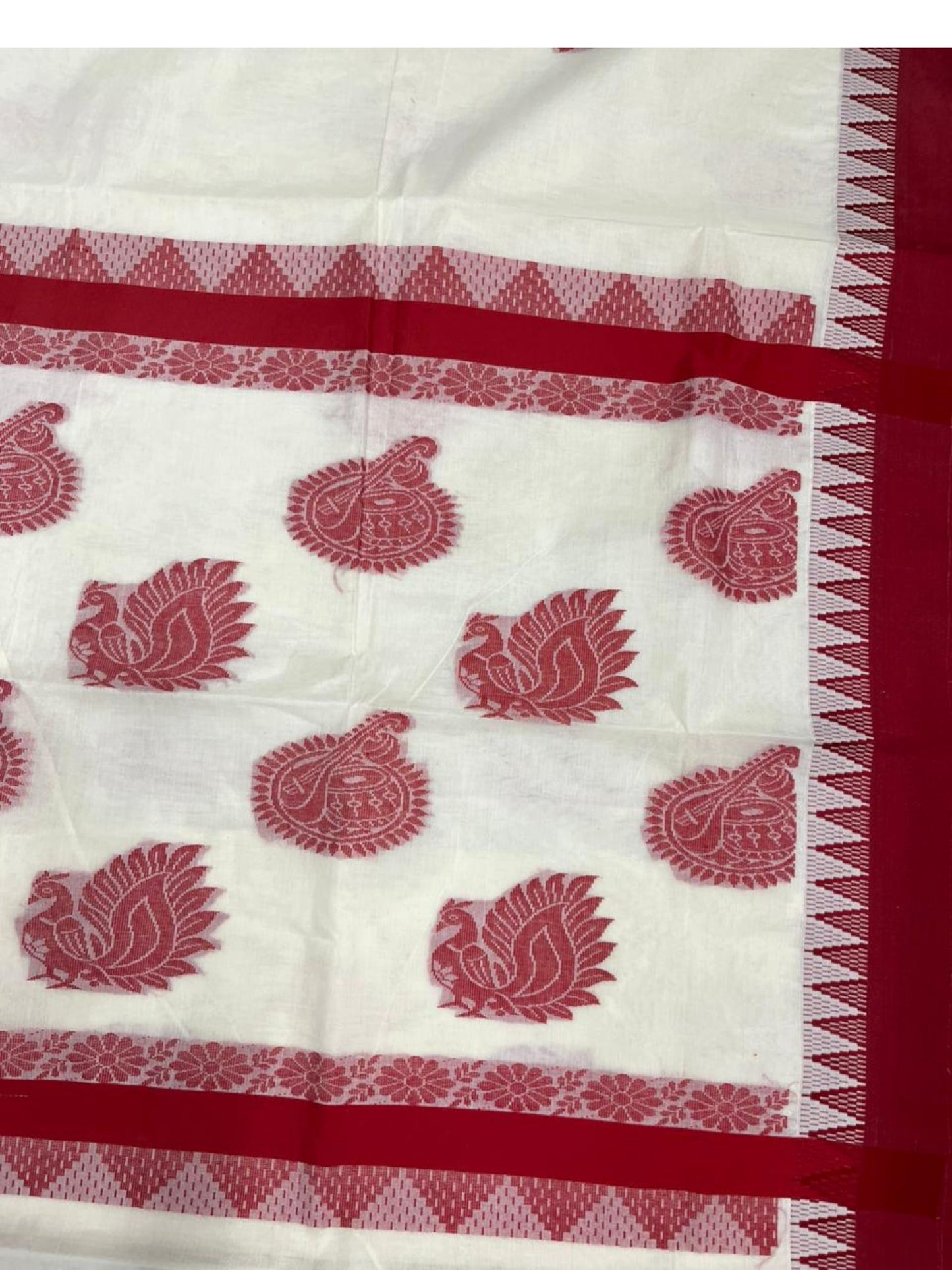 Pure Cotton Kerala Saree with Red Heavy Woven Designs and Temple Border