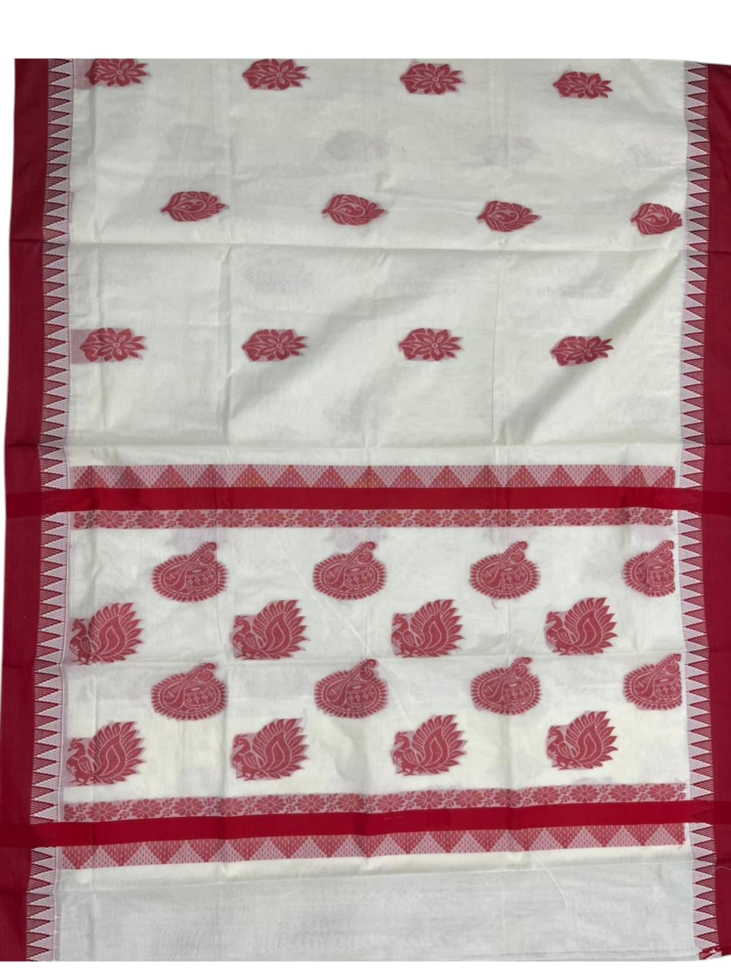Pure Cotton Kerala Saree with Red Heavy Woven Designs and Temple Border