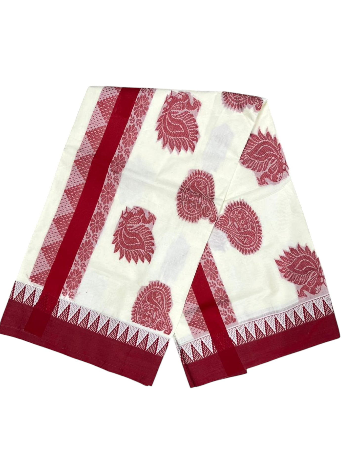 Pure Cotton Kerala Saree with Red Heavy Woven Designs and Temple Border