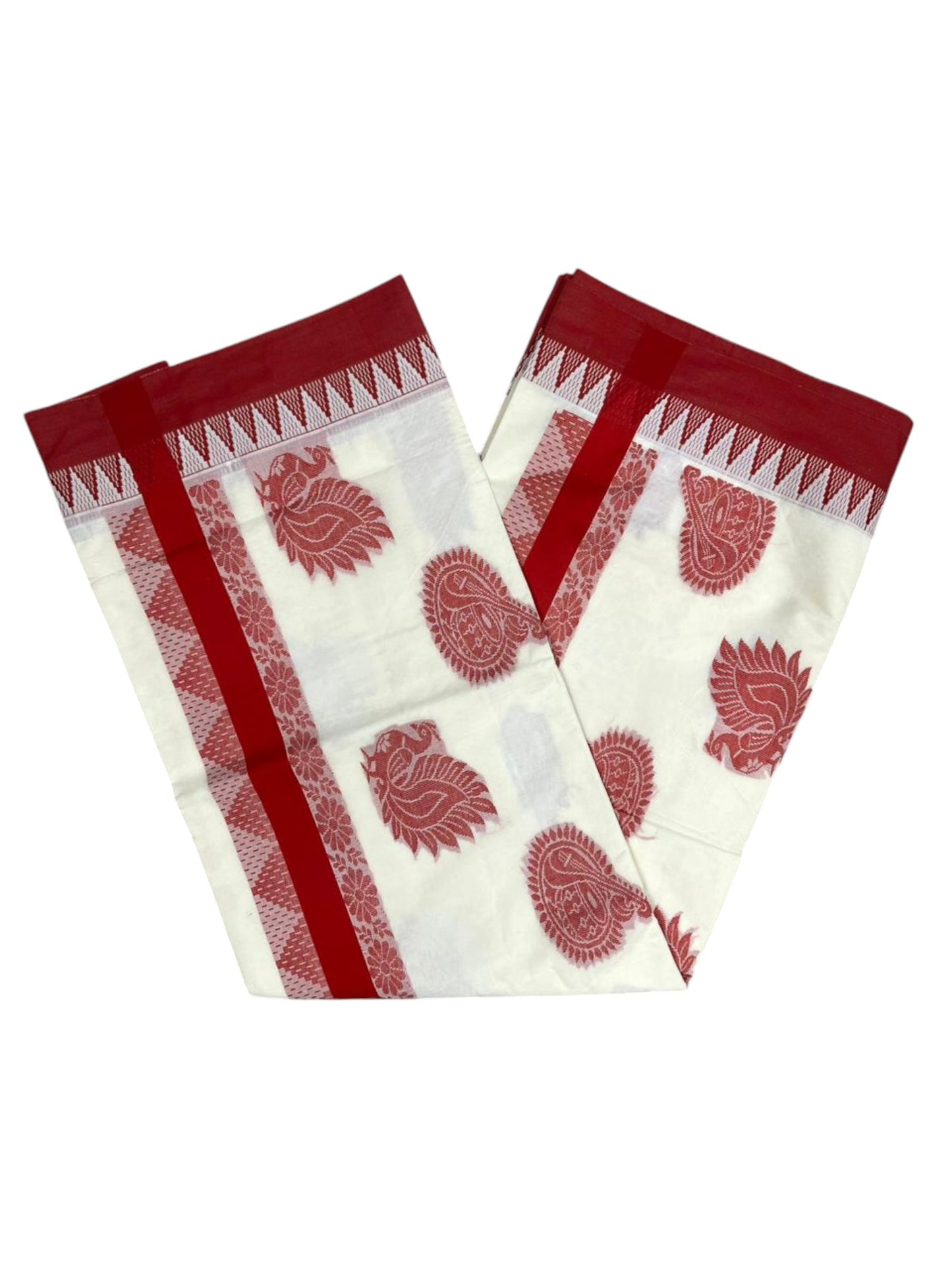 Pure Cotton Kerala Saree with Red Heavy Woven Designs and Temple Border