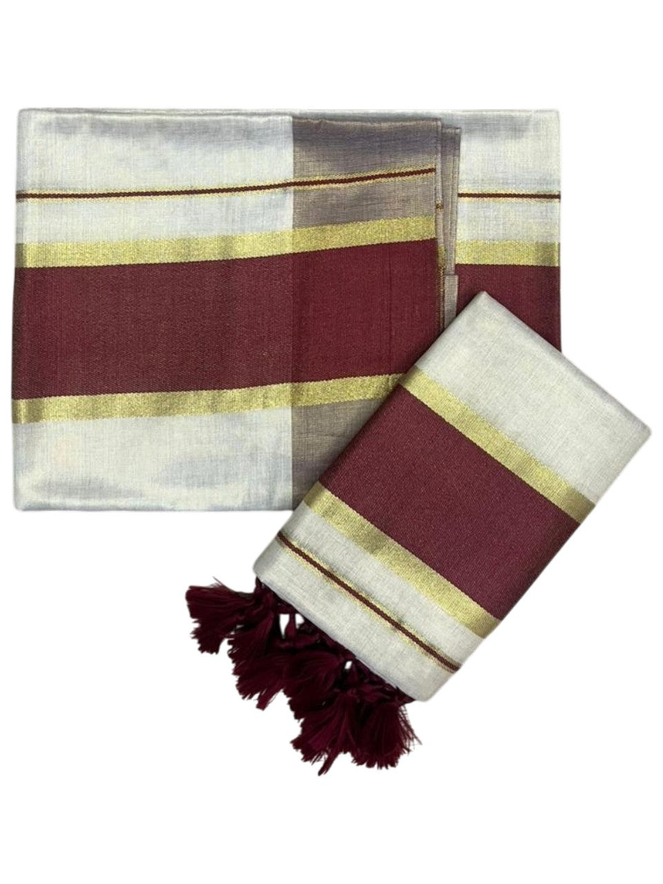 Southloom Kerala Tissue Kasavu Set Mundu (Mundum Neriyathum) with Maroon Border Tassels on Pallu in 2.80 Mtrs SL381