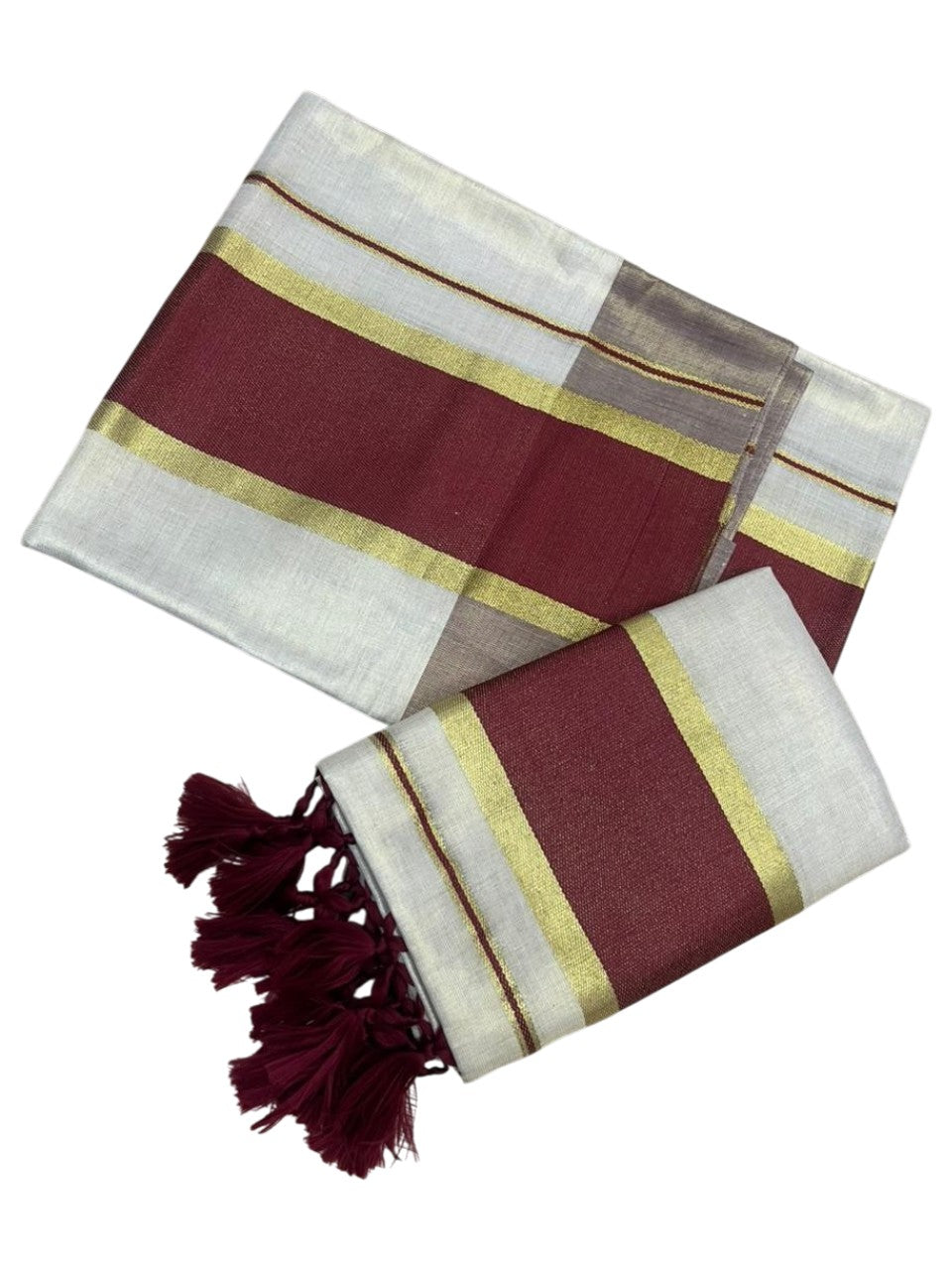 Southloom Kerala Tissue Kasavu Set Mundu (Mundum Neriyathum) with Maroon Border Tassels on Pallu in 2.80 Mtrs SL381