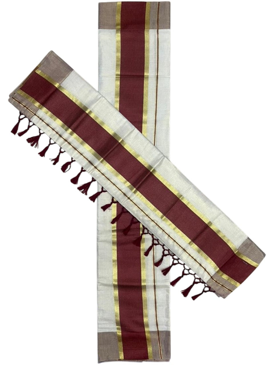 Southloom Kerala Tissue Kasavu Set Mundu (Mundum Neriyathum) with Maroon Border Tassels on Pallu in 2.80 Mtrs SL381