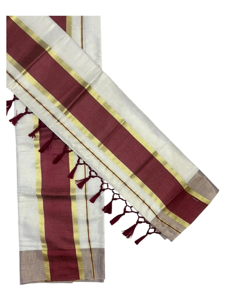 Southloom Kerala Tissue Kasavu Set Mundu (Mundum Neriyathum) with Maroon Border Tassels on Pallu in 2.80 Mtrs SL381