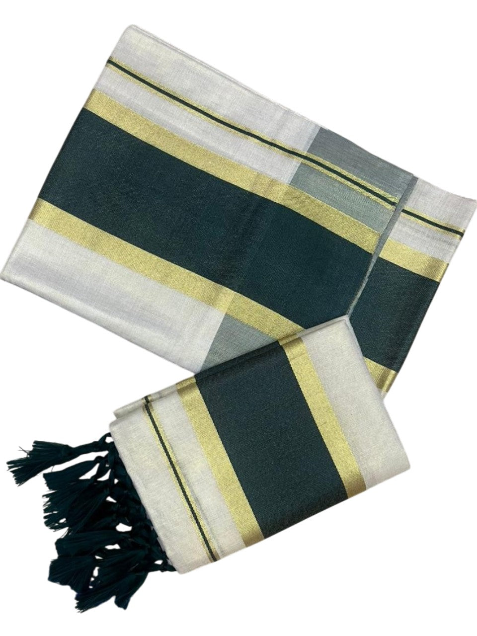 Southloom Kerala Tissue Kasavu Set Mundu (Mundum Neriyathum) with Green Border Tassels on Pallu in 2.80 Mtrs SL381