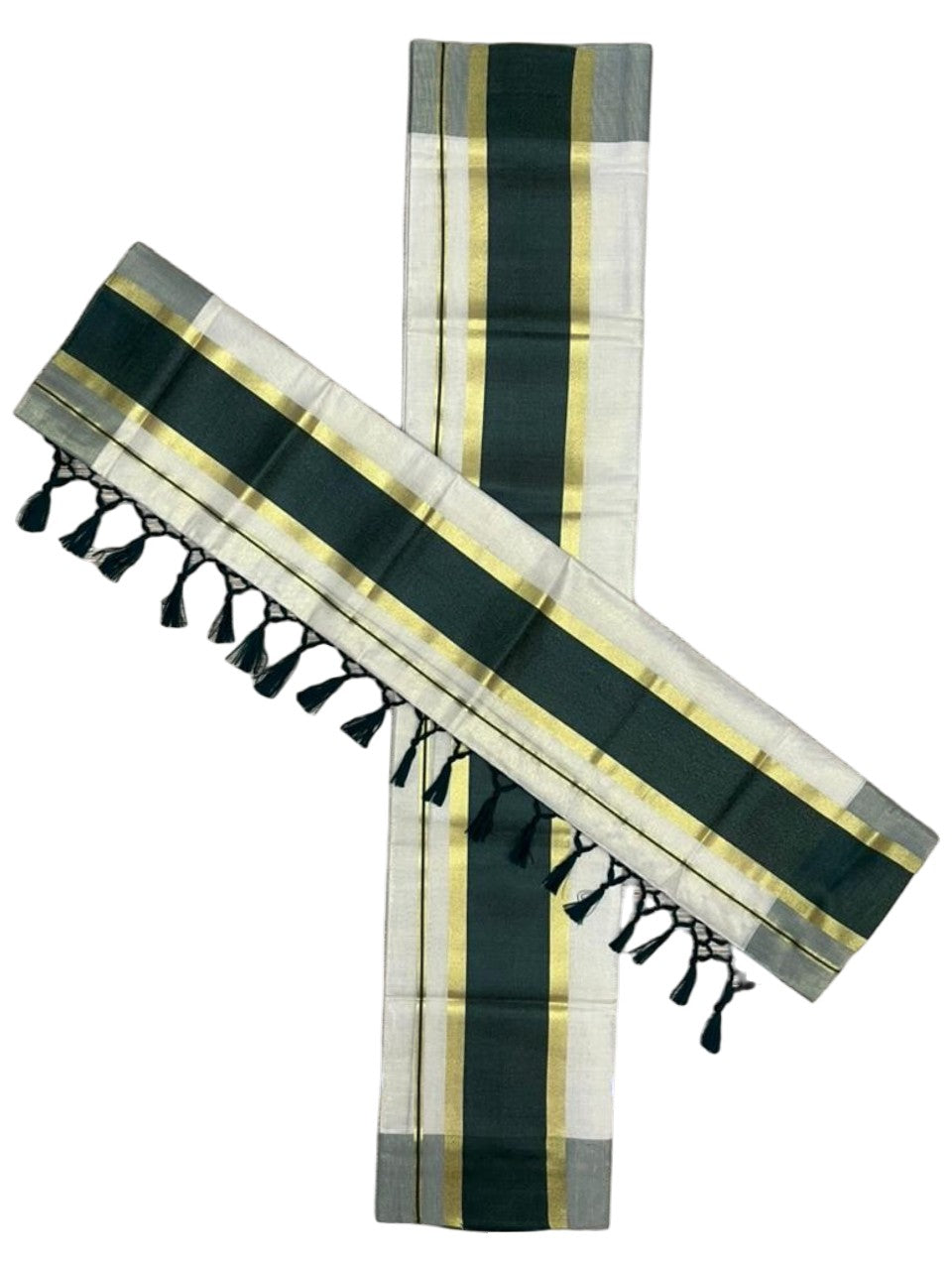 Southloom Kerala Tissue Kasavu Set Mundu (Mundum Neriyathum) with Green Border Tassels on Pallu in 2.80 Mtrs SL381