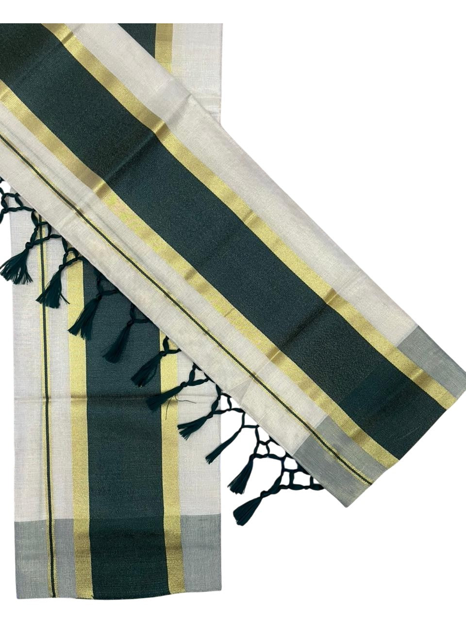 Southloom Kerala Tissue Kasavu Set Mundu (Mundum Neriyathum) with Green Border Tassels on Pallu in 2.80 Mtrs SL381