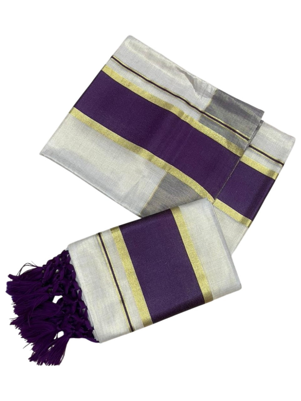 Southloom Kerala Tissue Kasavu Set Mundu (Mundum Neriyathum) with Purple Border Tassels on Pallu in 2.80 Mtrs SL381