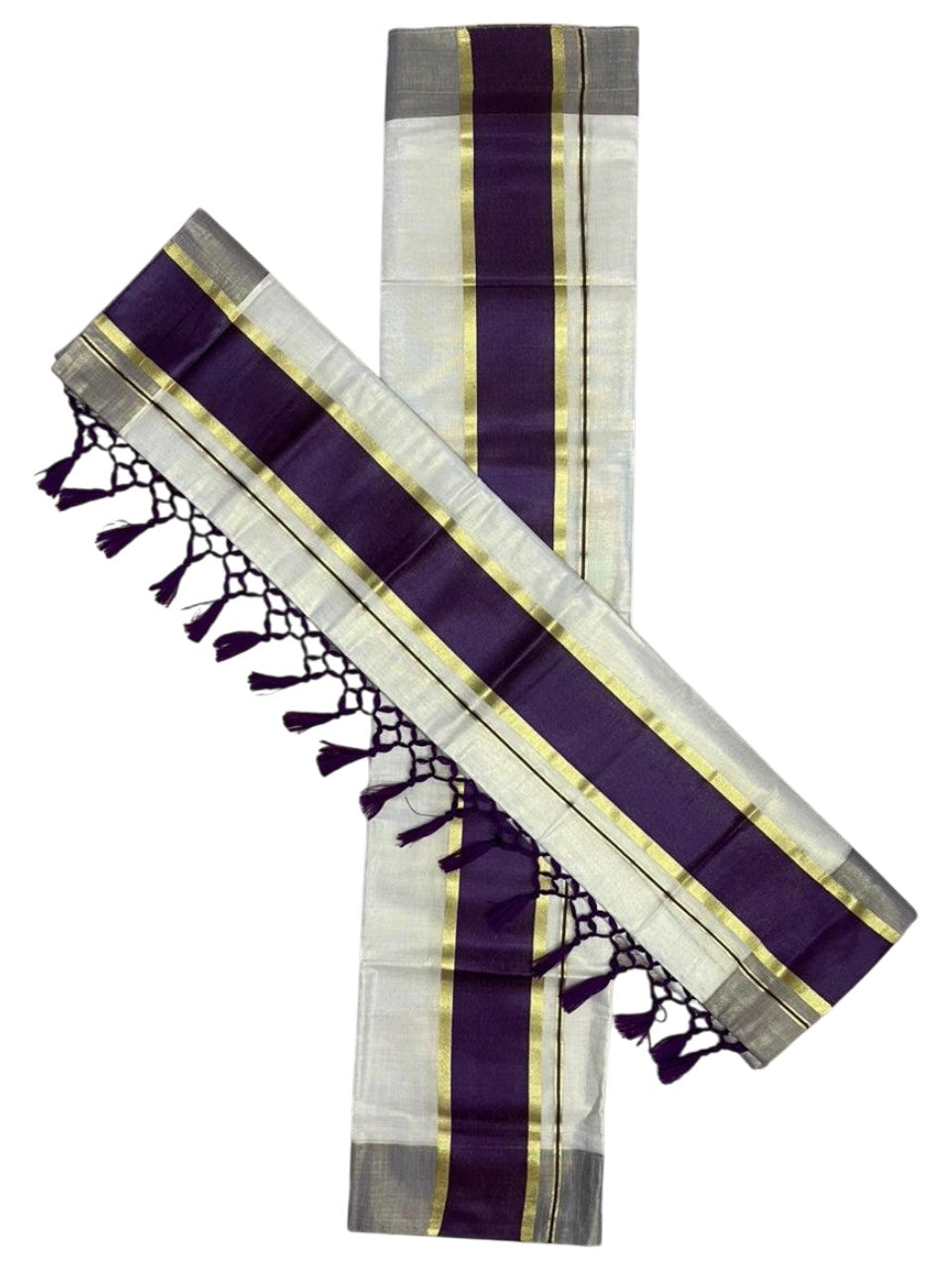 Southloom Kerala Tissue Kasavu Set Mundu (Mundum Neriyathum) with Purple Border Tassels on Pallu in 2.80 Mtrs SL381