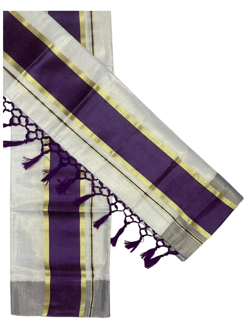Southloom Kerala Tissue Kasavu Set Mundu (Mundum Neriyathum) with Purple Border Tassels on Pallu in 2.80 Mtrs SL381