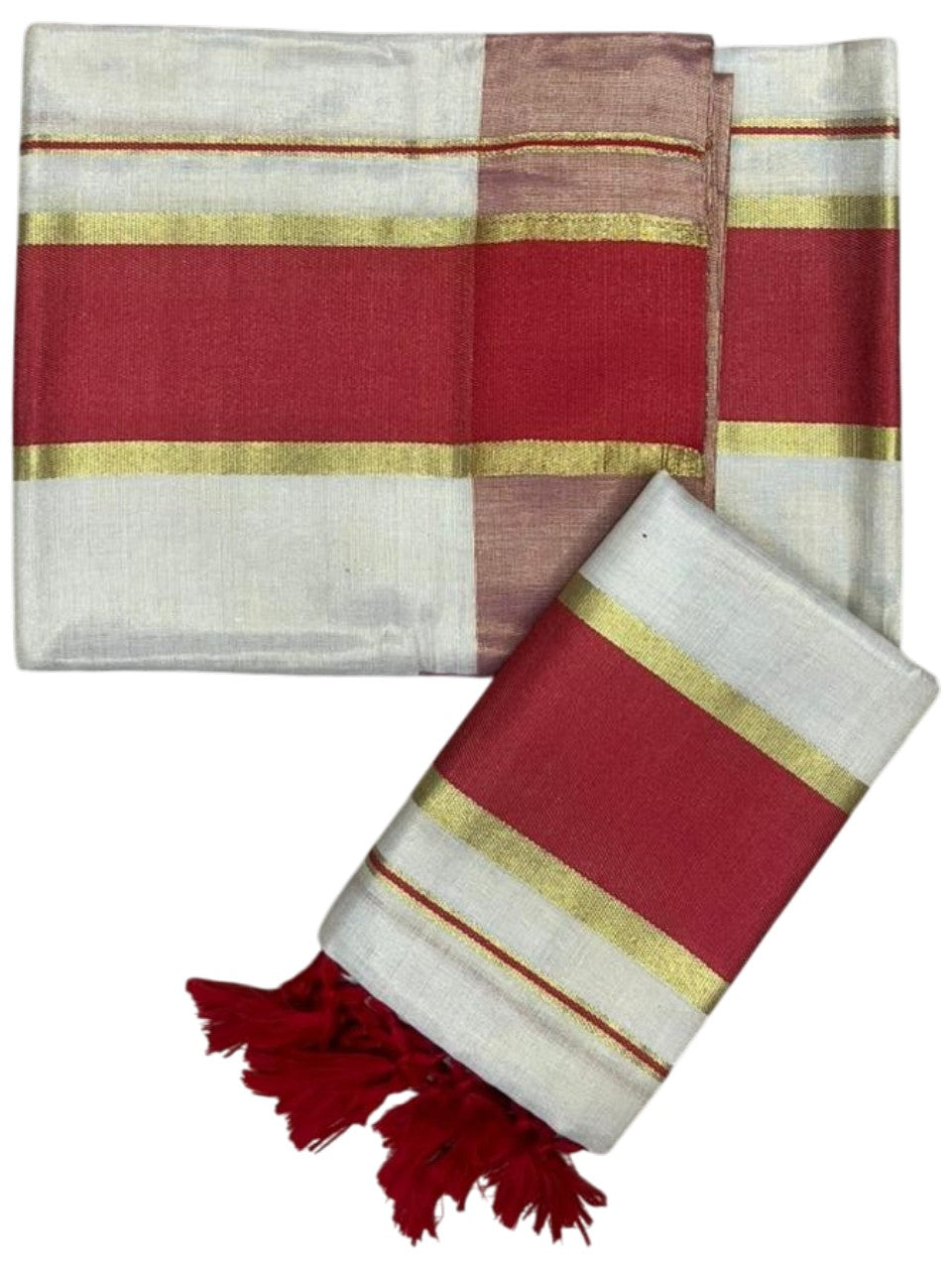 Southloom Kerala Tissue Kasavu Set Mundu (Mundum Neriyathum) with Red Border Tassels on Pallu in 2.80 Mtrs SL381