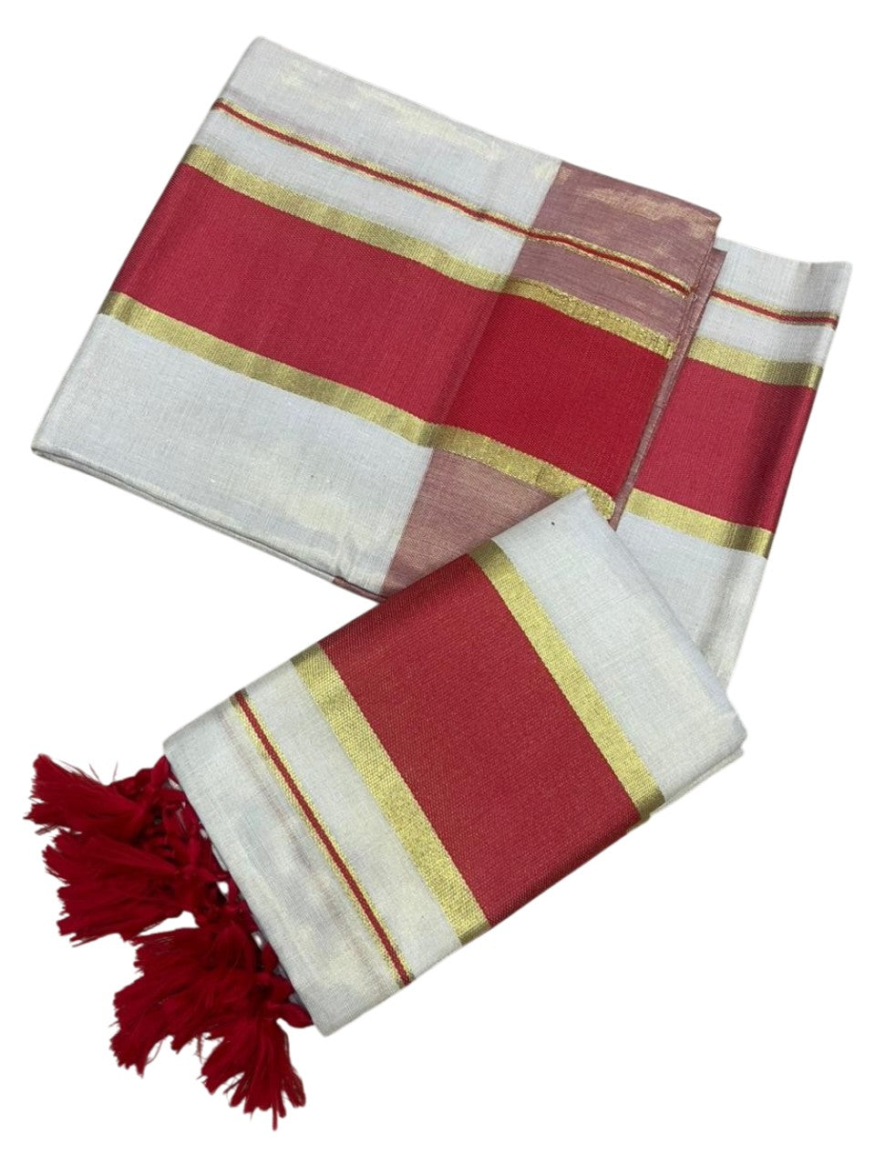 Southloom Kerala Tissue Kasavu Set Mundu (Mundum Neriyathum) with Red Border Tassels on Pallu in 2.80 Mtrs SL381
