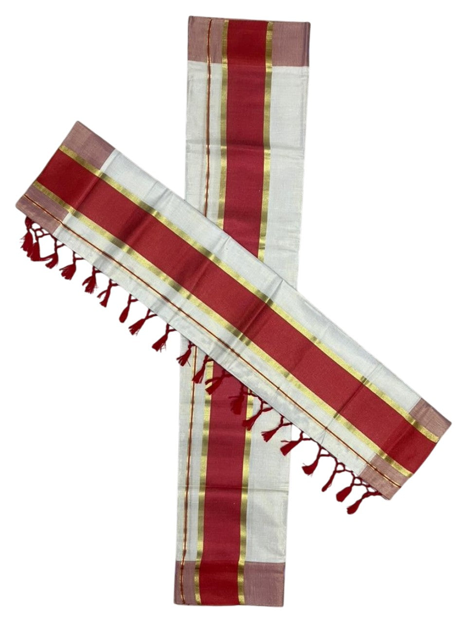 Southloom Kerala Tissue Kasavu Set Mundu (Mundum Neriyathum) with Red Border Tassels on Pallu in 2.80 Mtrs SL381