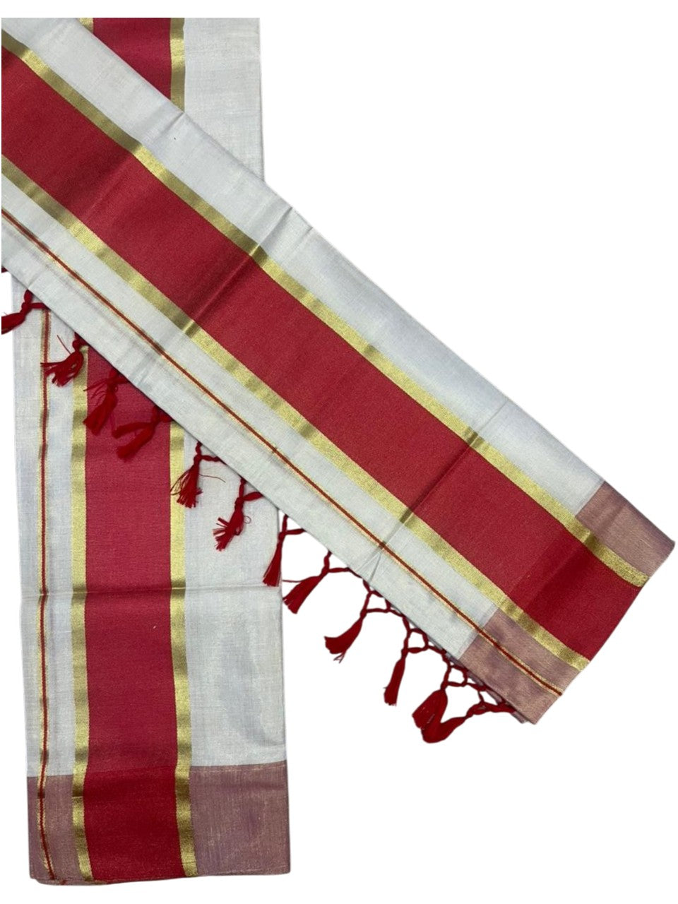 Southloom Kerala Tissue Kasavu Set Mundu (Mundum Neriyathum) with Red Border Tassels on Pallu in 2.80 Mtrs SL381