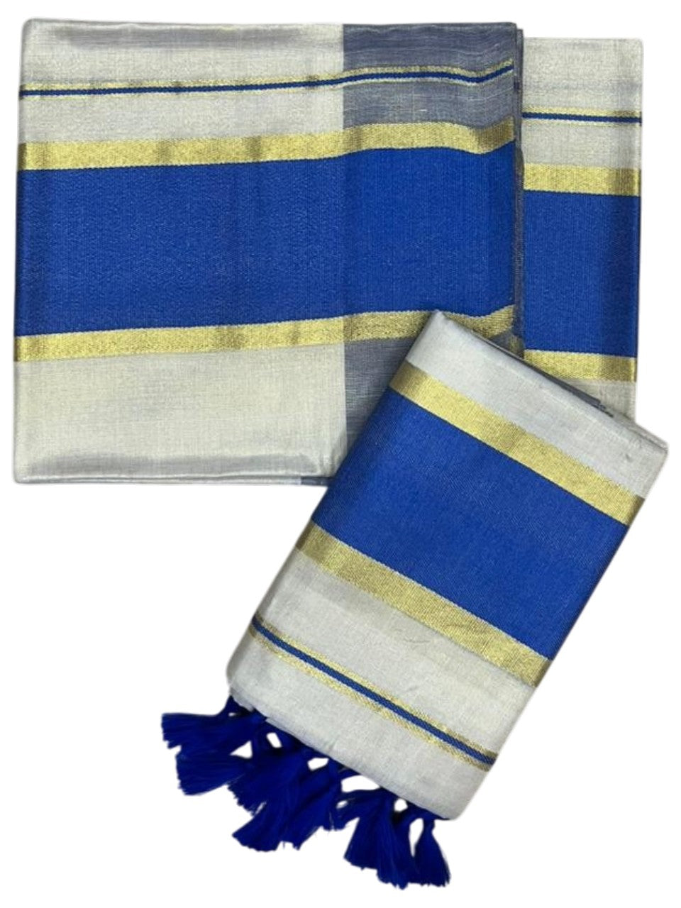 Southloom Kerala Tissue Kasavu Set Mundu (Mundum Neriyathum) with Blue Border Tassels on Pallu in 2.80 Mtrs SL381