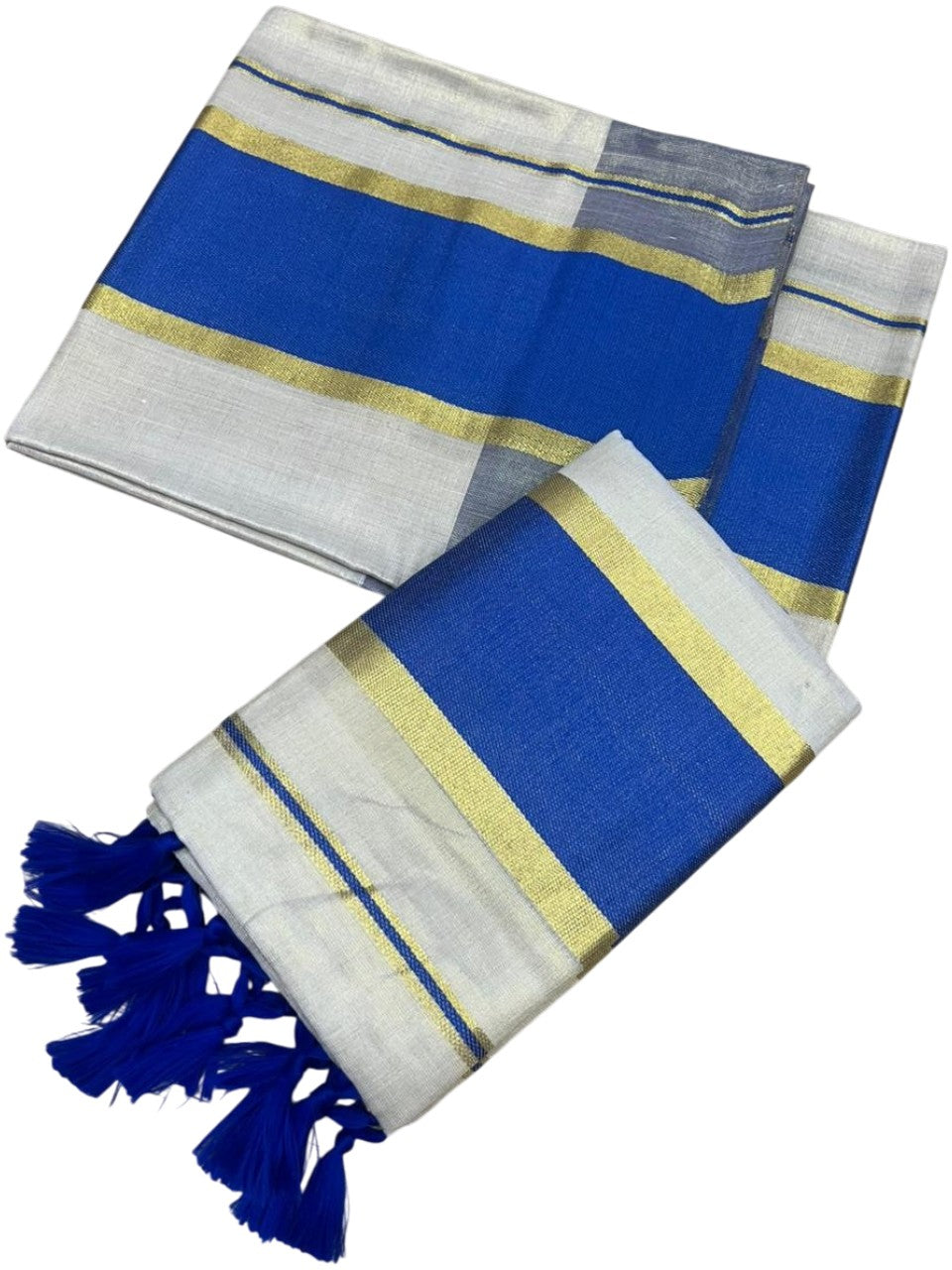 Southloom Kerala Tissue Kasavu Set Mundu (Mundum Neriyathum) with Blue Border Tassels on Pallu in 2.80 Mtrs SL381