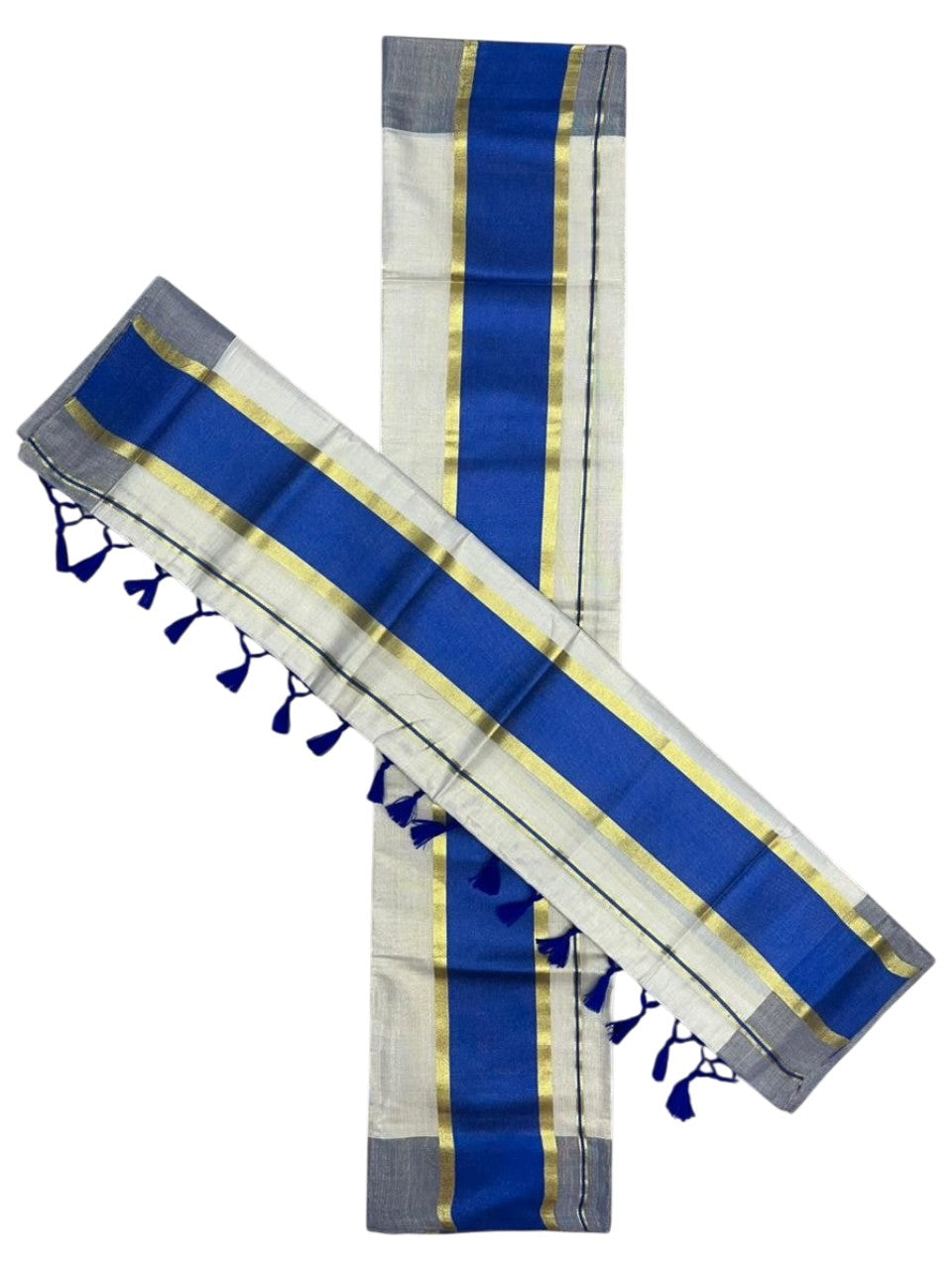 Southloom Kerala Tissue Kasavu Set Mundu (Mundum Neriyathum) with Blue Border Tassels on Pallu in 2.80 Mtrs SL381