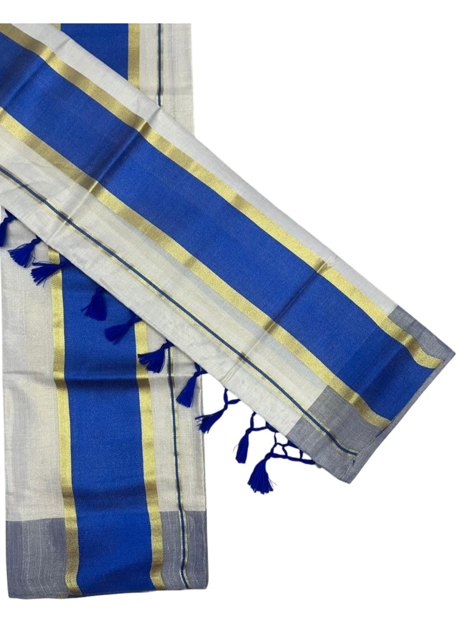 Southloom Kerala Tissue Kasavu Set Mundu (Mundum Neriyathum) with Blue Border Tassels on Pallu in 2.80 Mtrs SL381