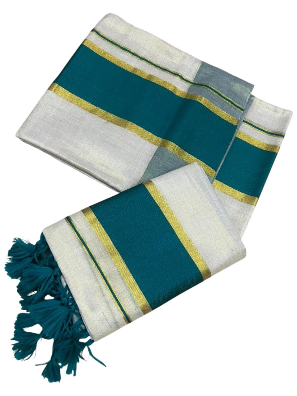 Southloom Kerala Tissue Kasavu Set Mundu (Mundum Neriyathum) with Peacock Green Border Tassels on Pallu in 2.80 Mtrs SL381