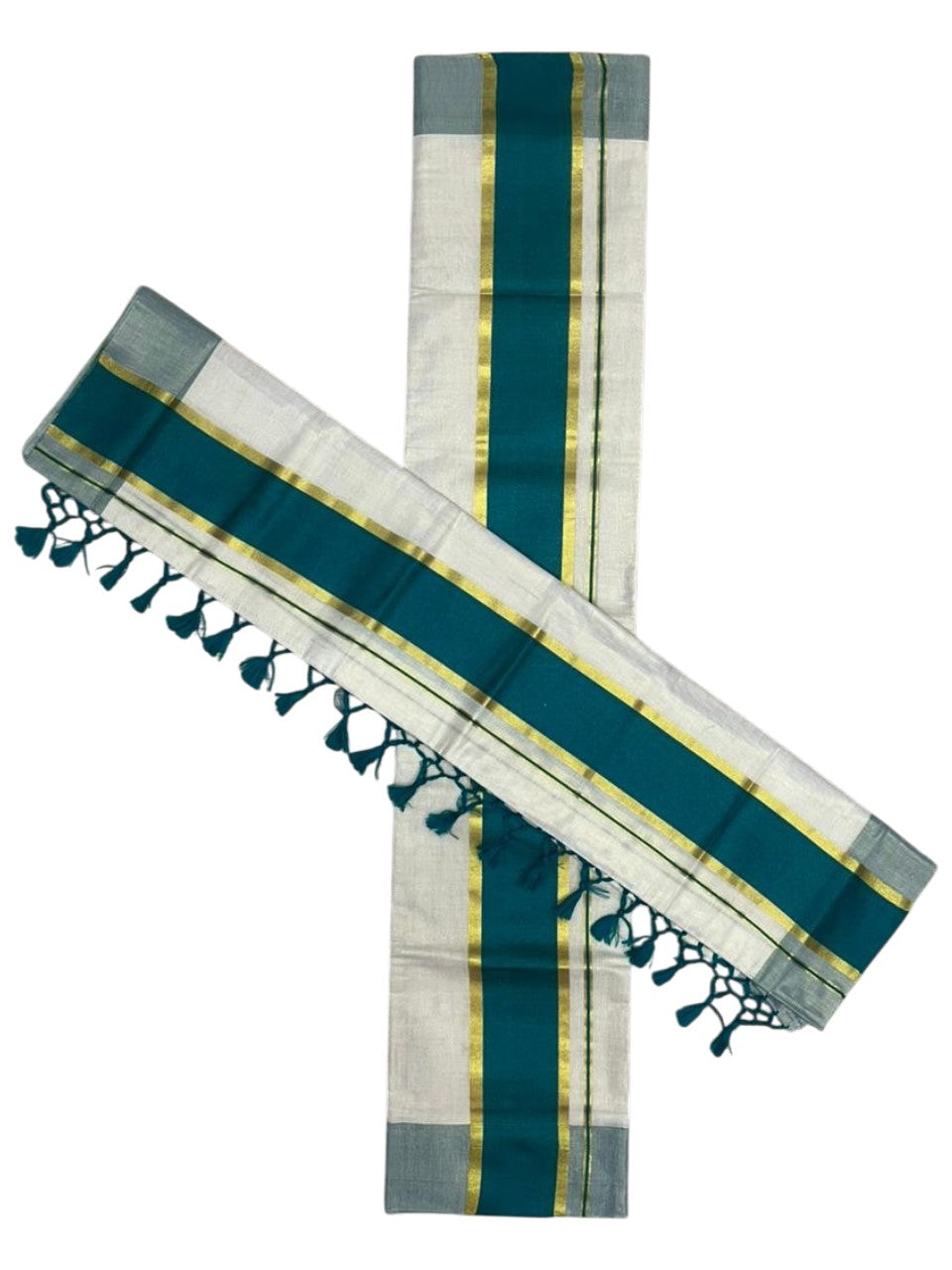 Southloom Kerala Tissue Kasavu Set Mundu (Mundum Neriyathum) with Peacock Green Border Tassels on Pallu in 2.80 Mtrs SL381
