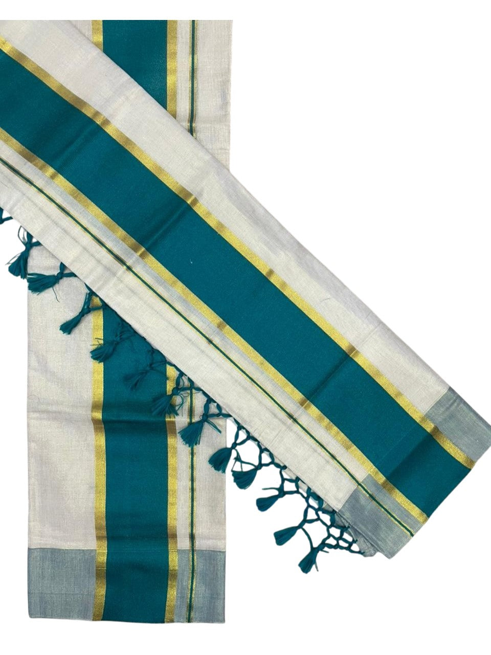 Southloom Kerala Tissue Kasavu Set Mundu (Mundum Neriyathum) with Peacock Green Border Tassels on Pallu in 2.80 Mtrs SL381