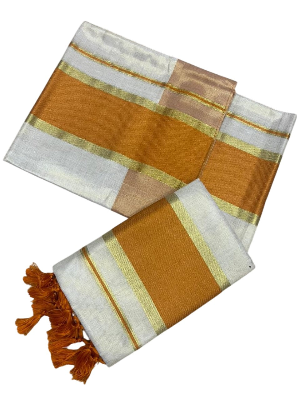 Southloom Kerala Tissue Kasavu Set Mundu (Mundum Neriyathum) with Mustard Yellow Border Tassels on Pallu in 2.80 Mtrs SL381