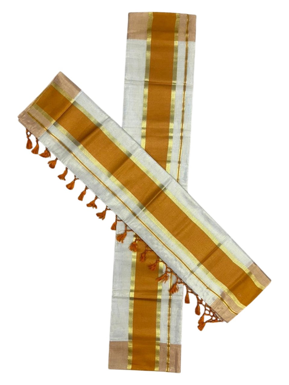 Southloom Kerala Tissue Kasavu Set Mundu (Mundum Neriyathum) with Mustard Yellow Border Tassels on Pallu in 2.80 Mtrs SL381