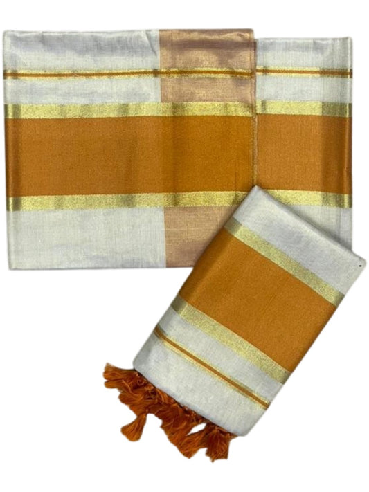 Southloom Kerala Tissue Kasavu Set Mundu (Mundum Neriyathum) with Mustard Yellow Border Tassels on Pallu in 2.80 Mtrs SL381