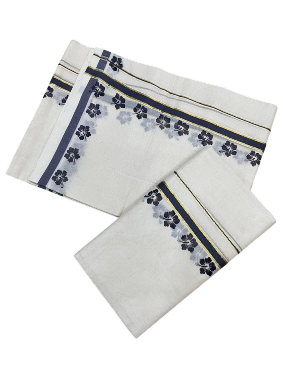 Southloom Pure Cotton Kerala Single Set Mundu (Mundum Neriyathum) with Digital Prints in Grey 2.80 Mtrs SL382