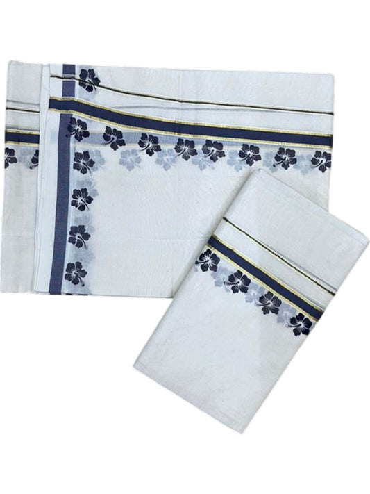 Southloom Pure Cotton Kerala Single Set Mundu (Mundum Neriyathum) with Digital Prints in Grey 2.80 Mtrs SL382