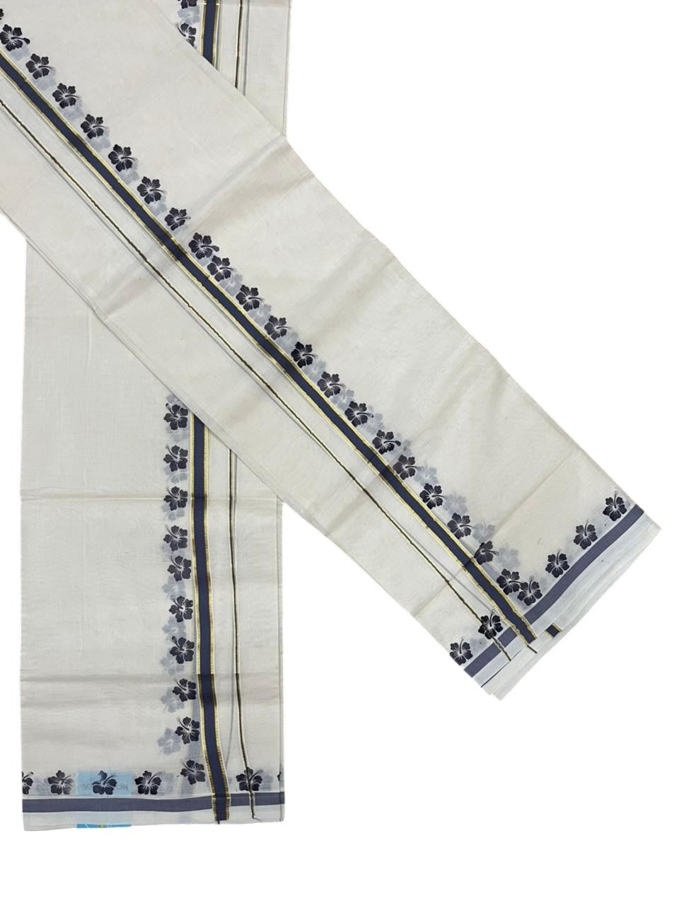 Southloom Pure Cotton Kerala Single Set Mundu (Mundum Neriyathum) with Digital Prints in Grey 2.80 Mtrs SL382