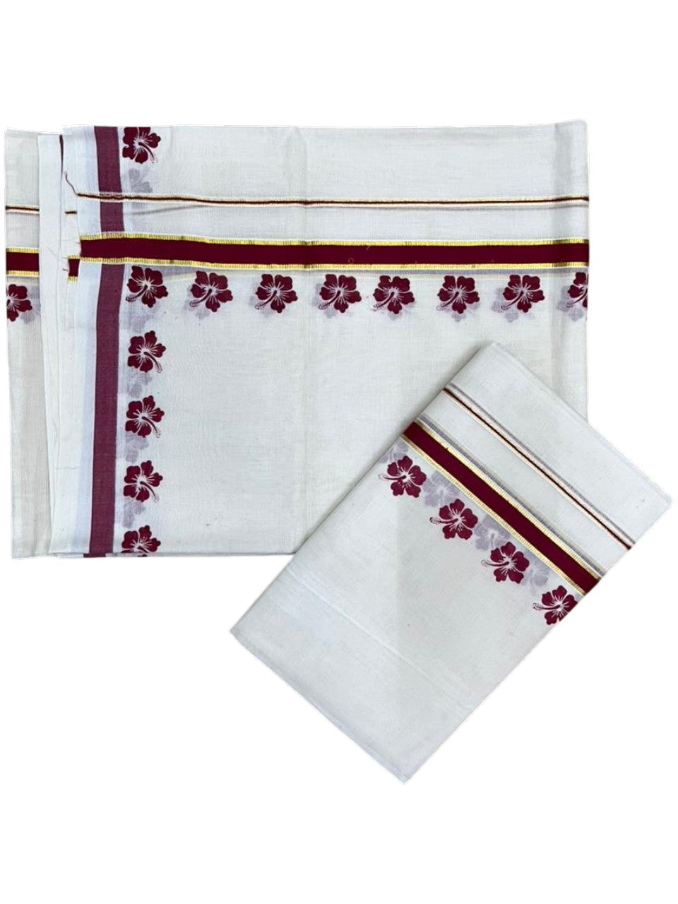 Southloom Pure Cotton Kerala Single Set Mundu (Mundum Neriyathum) with Digital Prints in Maroon 2.80 Mtrs SL382