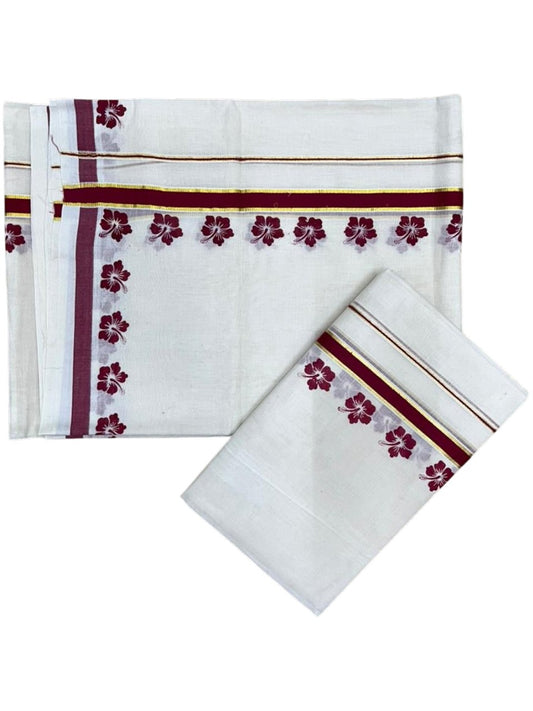 Southloom Pure Cotton Kerala Single Set Mundu (Mundum Neriyathum) with Digital Prints in Maroon 2.80 Mtrs SL382