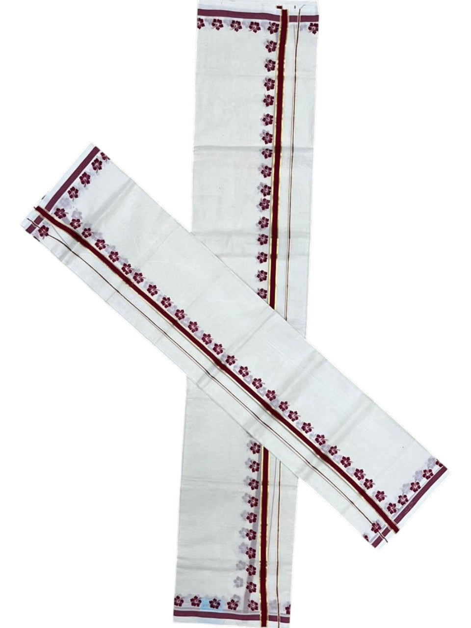 Southloom Pure Cotton Kerala Single Set Mundu (Mundum Neriyathum) with Digital Prints in Maroon 2.80 Mtrs SL382