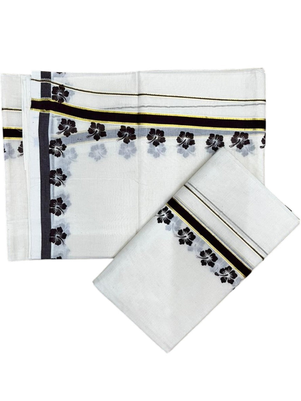 Southloom Pure Cotton Kerala Single Set Mundu (Mundum Neriyathum) with Digital Prints in Brown 2.80 Mtrs SL382