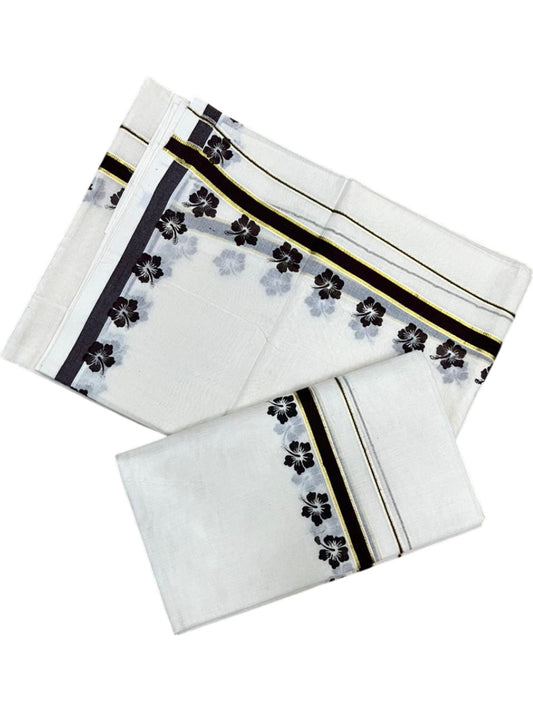 Southloom Pure Cotton Kerala Single Set Mundu (Mundum Neriyathum) with Digital Prints in Brown 2.80 Mtrs SL382