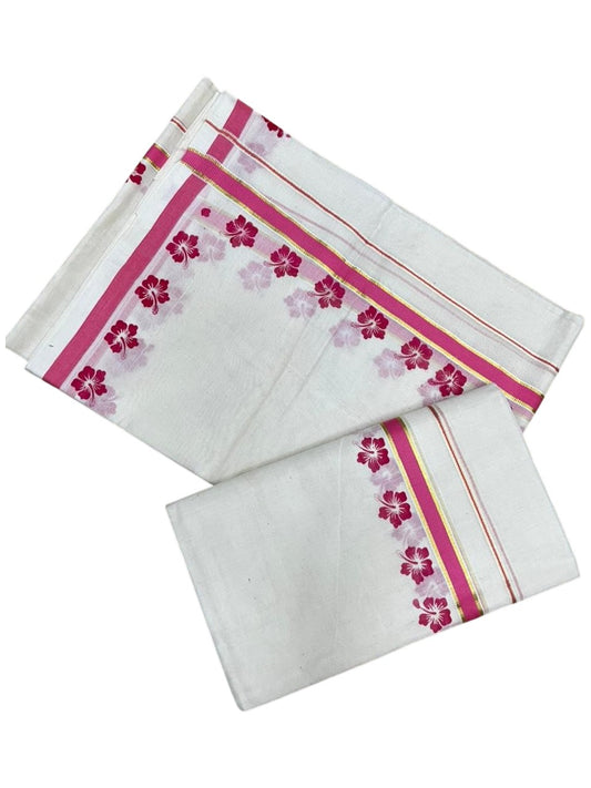 Southloom Pure Cotton Kerala Single Set Mundu (Mundum Neriyathum) with Digital Prints in Pink 2.80 Mtrs SL382