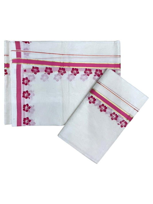 Southloom Pure Cotton Kerala Single Set Mundu (Mundum Neriyathum) with Digital Prints in Pink 2.80 Mtrs SL382