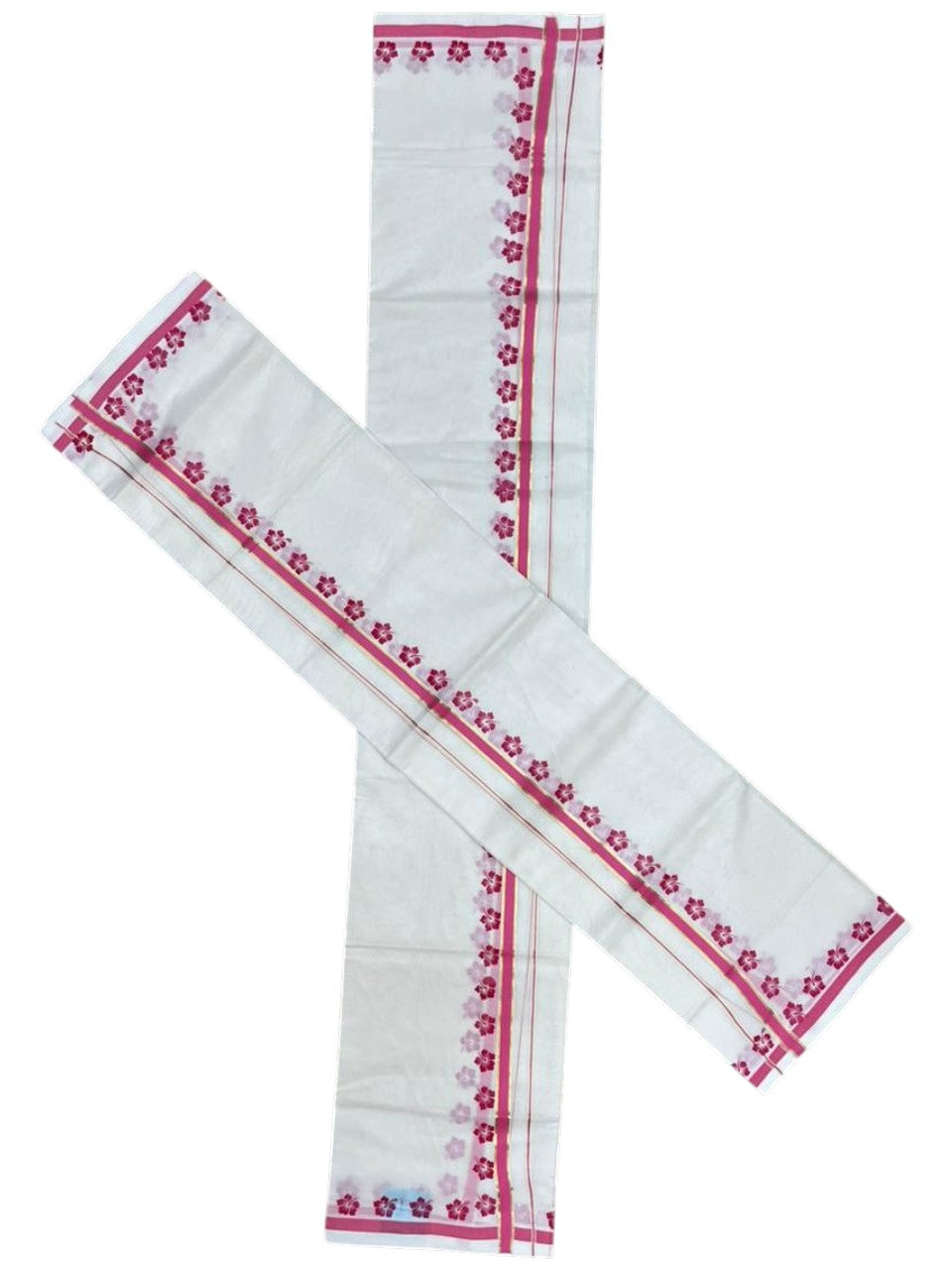Southloom Pure Cotton Kerala Single Set Mundu (Mundum Neriyathum) with Digital Prints in Pink 2.80 Mtrs SL382