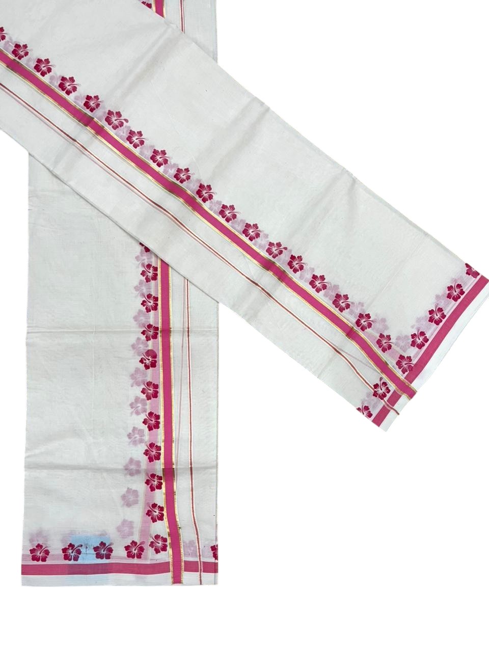 Southloom Pure Cotton Kerala Single Set Mundu (Mundum Neriyathum) with Digital Prints in Pink 2.80 Mtrs SL382
