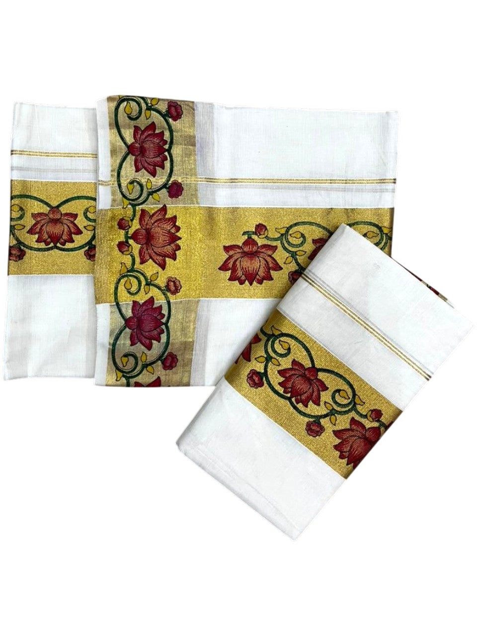 Southloom Pure Cotton Set Mundu with Gold Kasavu and Floral Digital Print in 2.80 Mtrs SL383