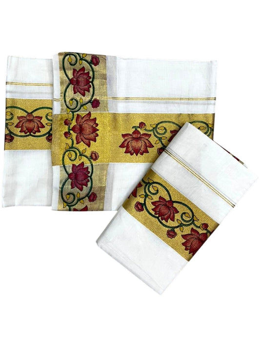 Southloom Pure Cotton Set Mundu with Gold Kasavu and Floral Digital Print in 2.80 Mtrs SL383