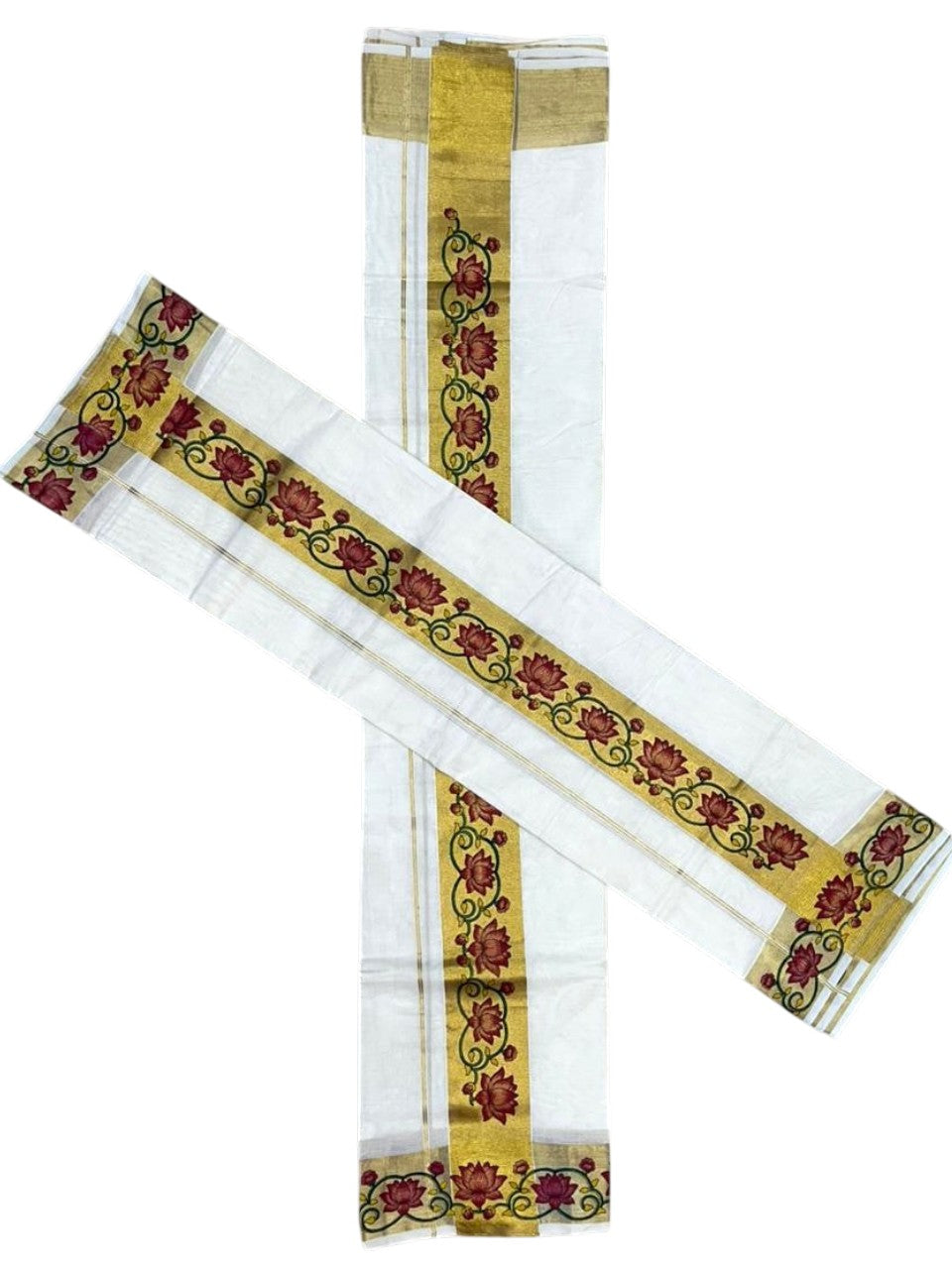 Southloom Pure Cotton Set Mundu with Gold Kasavu and Floral Digital Print in 2.80 Mtrs SL383