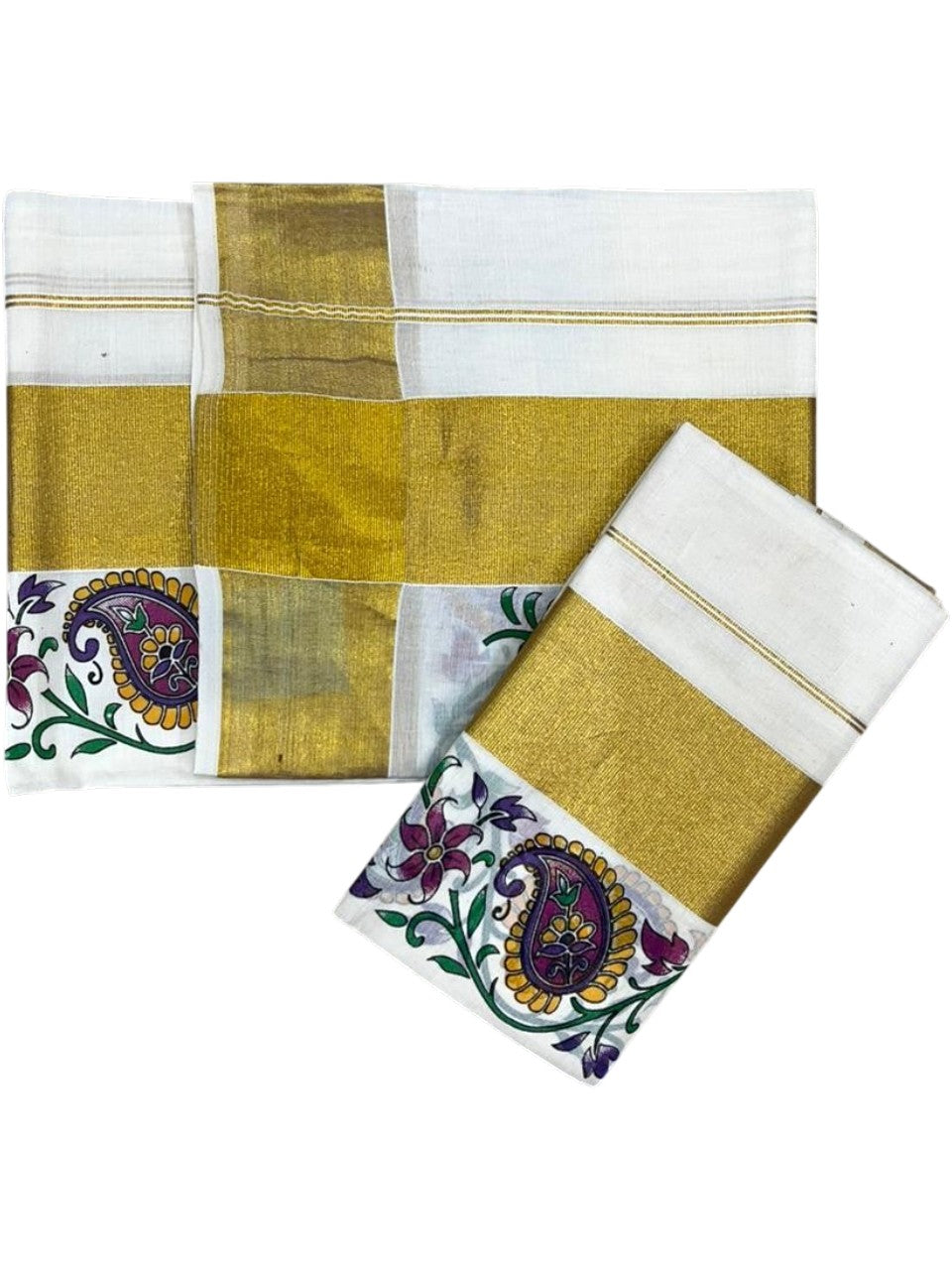 Southloom Pure Cotton Set Mundu with Gold Kasavu and Floral Digital Print in 2.80 Mtrs SL383