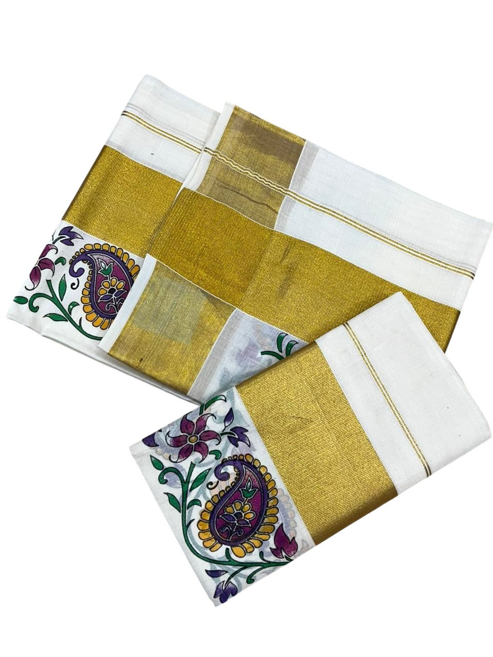 Southloom Pure Cotton Set Mundu with Gold Kasavu and Floral Digital Print in 2.80 Mtrs SL383